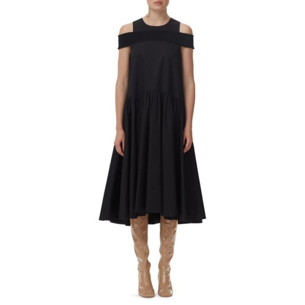 TIBI Eco black Poplin Smocked Midi Dress size 4